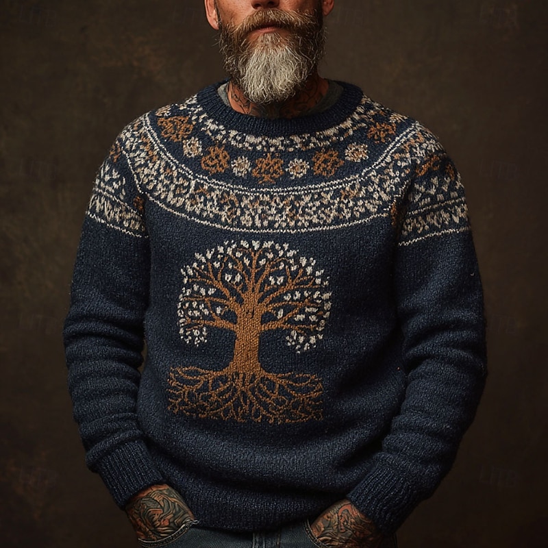 Men's Viking Tree Of Life Pullover Sweater Jumper Knitwear Crewneck Retro Vintage Casual Vacation Daily 3D Print Knitting Keep Warm Long Sleeve Spring Fall Winter Blue Brown Green