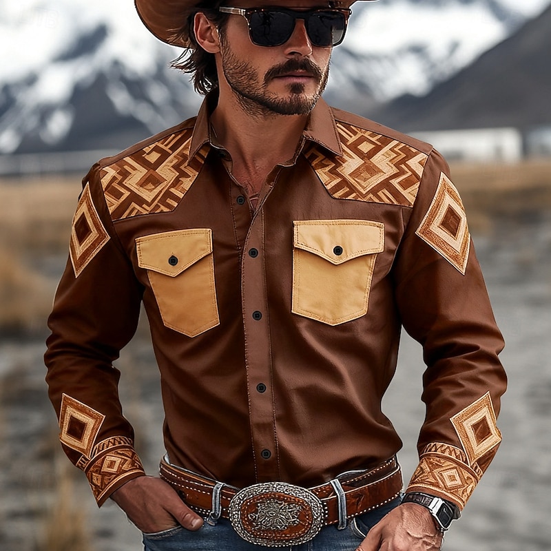 Men's Geometric Aztec Ethnic Western Shirt Button Up Shirt Cowboy Shirt Long Sleeve Vintage Retro Outdoor Daily WorkWear Fall & Winter Turndown 3D Print Front Two Pockets Linen Like Shirt Army Green