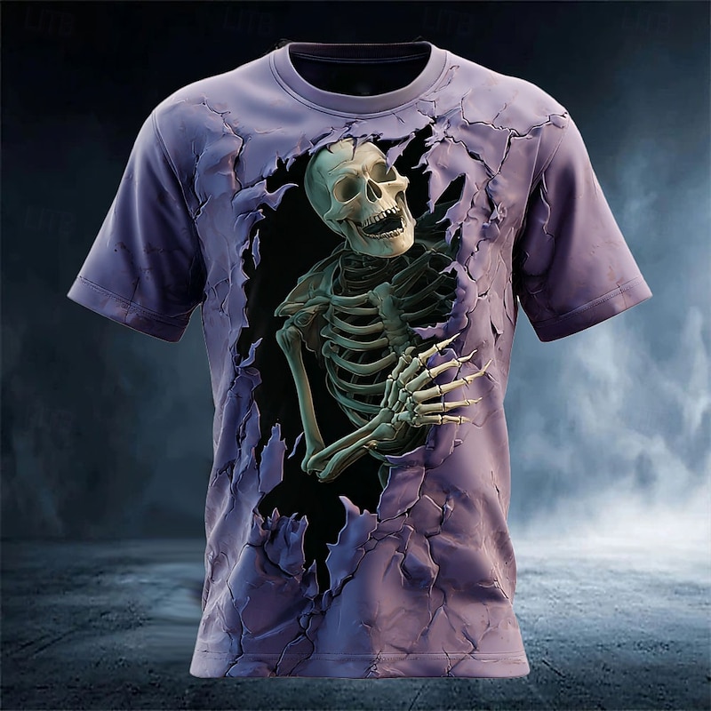 Halloween Men's Skull Optical Illusion 3D T Shirt Short Sleeve T shirt 3D Print Crew Neck Shirt Exaggerated Designer Horror Party Street Holiday Purple Green Khaki Summer Spring All Seasons Clothing2