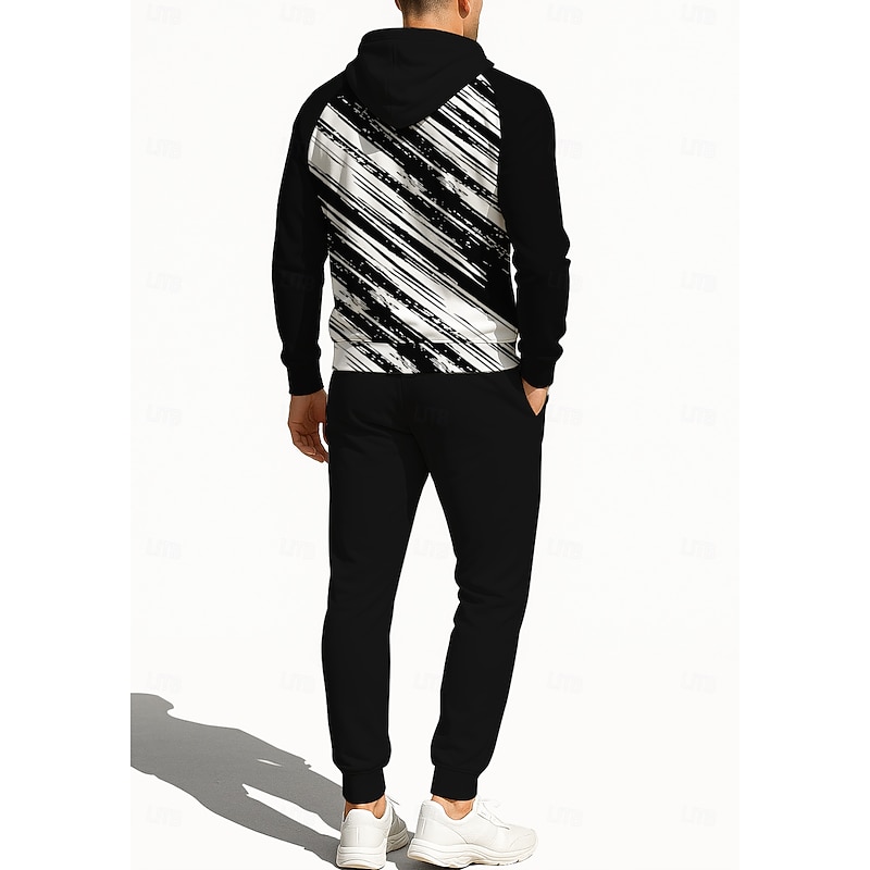 Men's Hoodie Tracksuit Zip Hoodie Drawstring Pockets Geometric Pants Hoodie Sweatshirt Fall Black White Gym Workout Casual Basketball Baggy Long Sleeve Sport Activewear Stretchy Regular Fit2