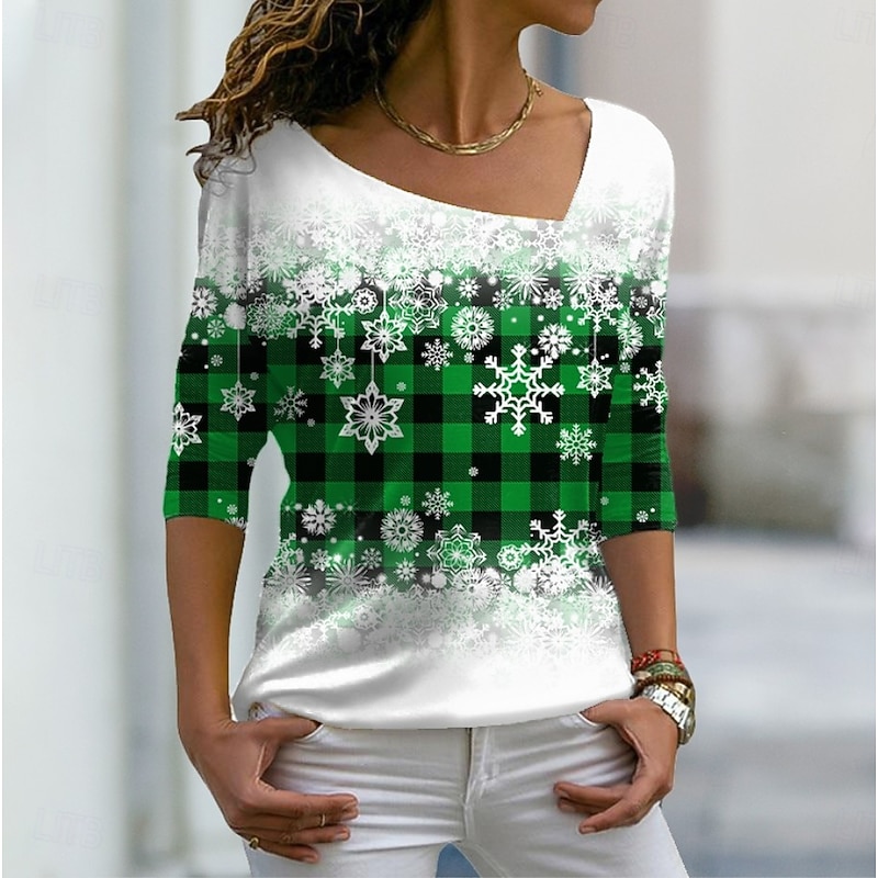 Christmas Women's T Shirt Graphic Snowflake Vintage Stylish Basic Long Sleeve V Neck Off Shoulder Regular Tops Weekend Print Asymmetrical Yellow Red Blue Purple Green Winter Spring, Fall, Winter3