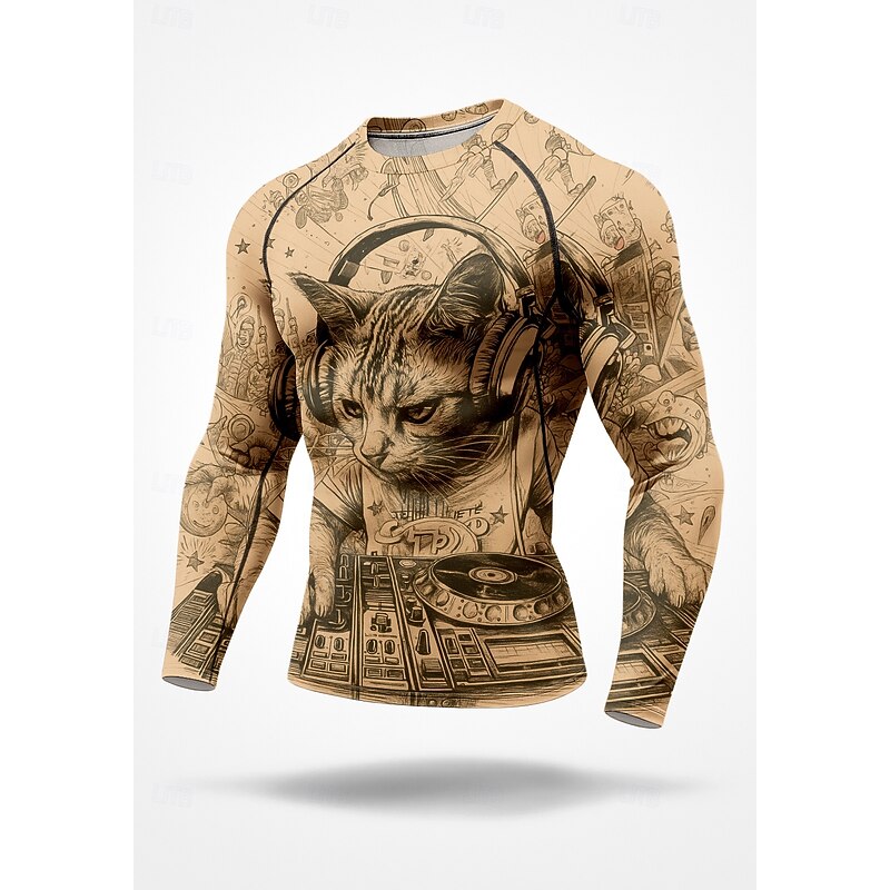 Men's Compression Shirt Running Shirt 3D Print Long Sleeve Base Layer Cat Quick Dry Compression Power Flex Moisture Wicking Gym Workout Active Training Exercise Sportswear Activewear Khaki