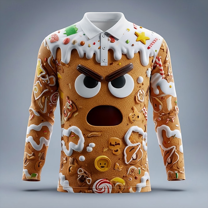 Christmas Men's Gingerbread Polo Long Sleeve Polo Shirts Lapel Casual Outdoor Athleisure Daily Wear 3D Print Buttons Spring Fall Winter Brown 1 Brown 2 Brown 33