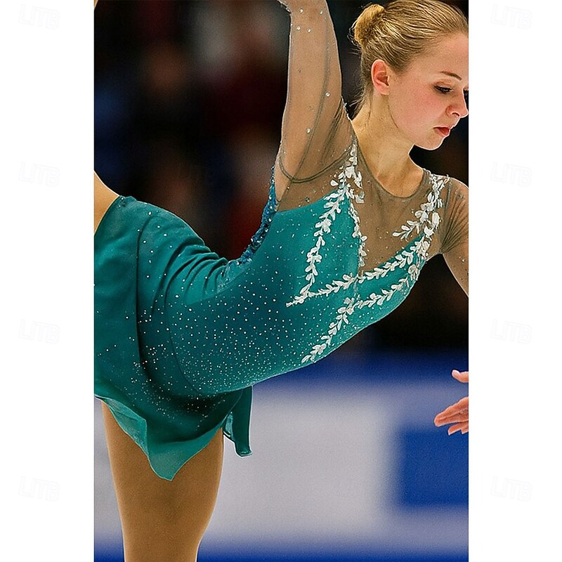 Figure Skating Dress Women's Girls' Ice Skating Dress Green Patchwork Asymmetric Hem Mesh Spandex High Elasticity Training Competition Skating Wear Classic Crystal / Rhinestone Long Sleeve Ice4