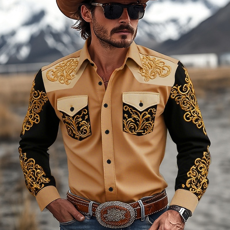 Men's Floral Print Ethnic Flowers Shirt Western Shirt Cowboy Shirt Long Sleeve Vintage Retro Outdoor Daily WorkWear Fall & Winter Turndown 3D Print Front Two Pockets Button Up Shirts Blue Orange Khaki3