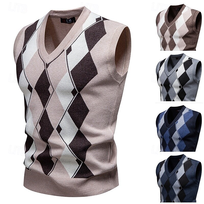 Men's Sweater Sweater Vest Pullover Sweater Jumper Ribbed Knit Regular Tops Knitted Slim Fit Argyle V Neck Knitwear Contemporary Casual Daily Wear Clothing Apparel Winter Spring &  Fall Navy Blue Blue
