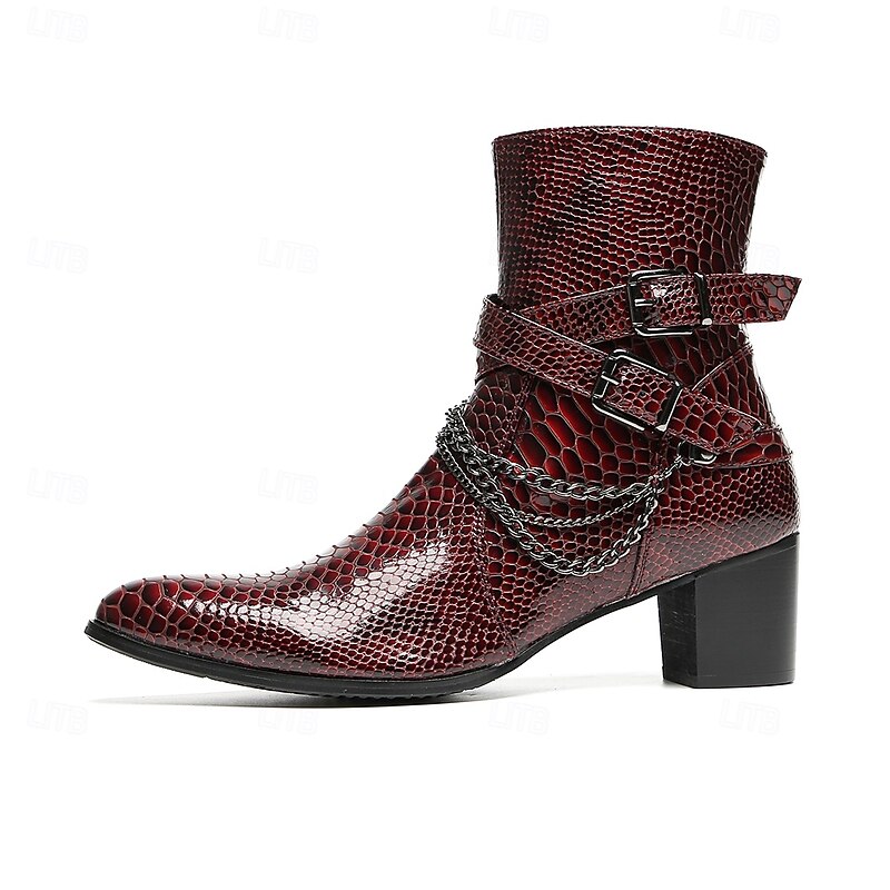 Men's Genuine Cowhide Leather Croc Embossed Ankle Boots with Chain Buckle – Vintage Western Style Dress Boots for Parties and Stage Performance3