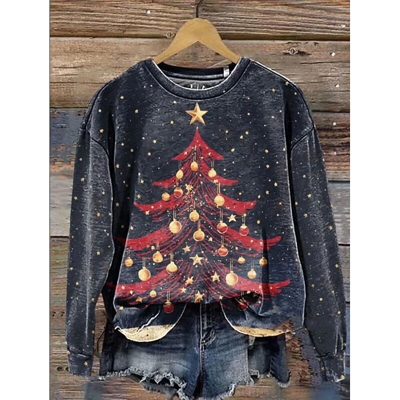 Women's Pullover Sweatshirt Christmas Tree Christmas Casual Long Sleeve Crew Neck Regular Tops Street Dailywear Casual Blue Dark Green Dark Gray Fall Winter3