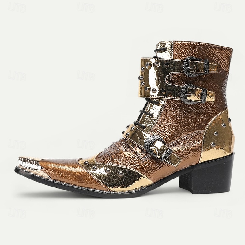 Men's Retro Punk Ankle Boots – Brown Genuine Cowhide Leather with Rivets and Buckle Straps, Gothic Rock Style for Concerts, Nightclubs and Motorcycle Fashion3