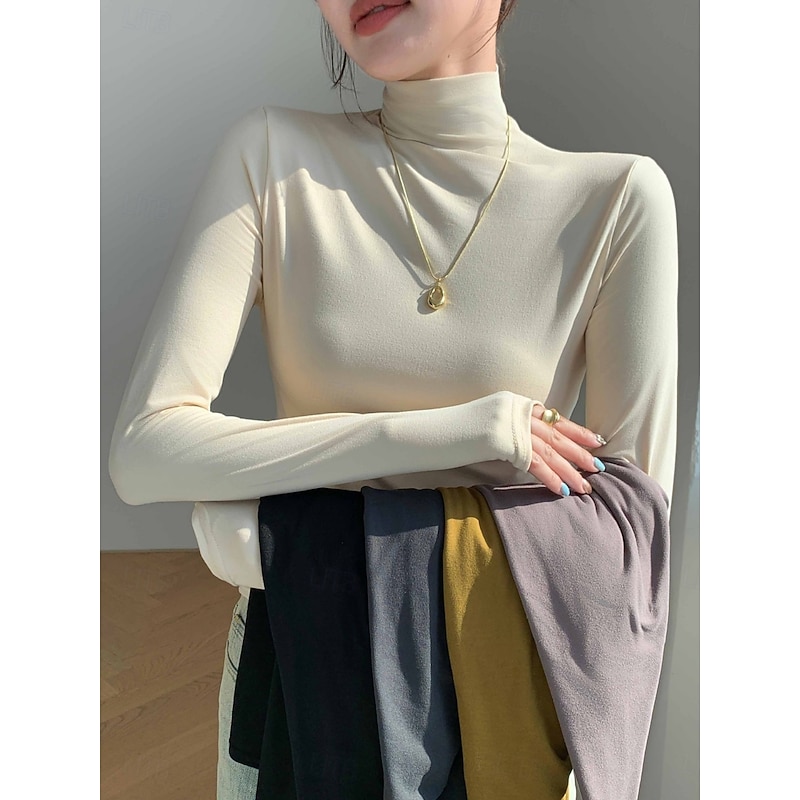 Women's Blouse Solid Color Stylish Casual Long Sleeve Turtleneck Regular Tops Daily Black Yellow Brown Dark Gray Apricot Spring Fall Winter