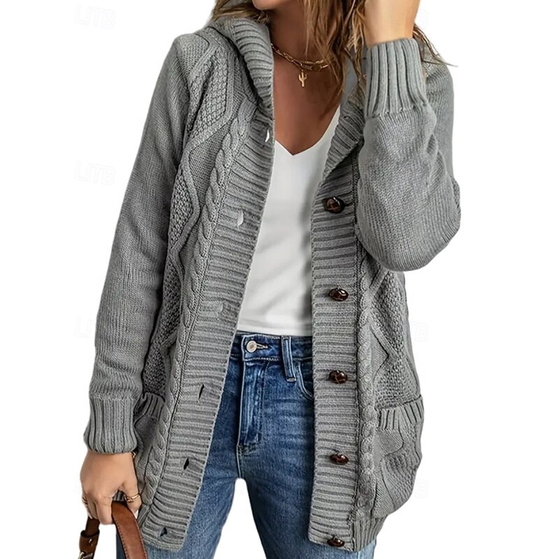 Women's Sweater Cardigan Streetwear Casual Solid Color Hooded Buttons Knitted Long Sleeve Regular Tops Knit Daily Holiday Weekend Wine Red Black Fall Winter