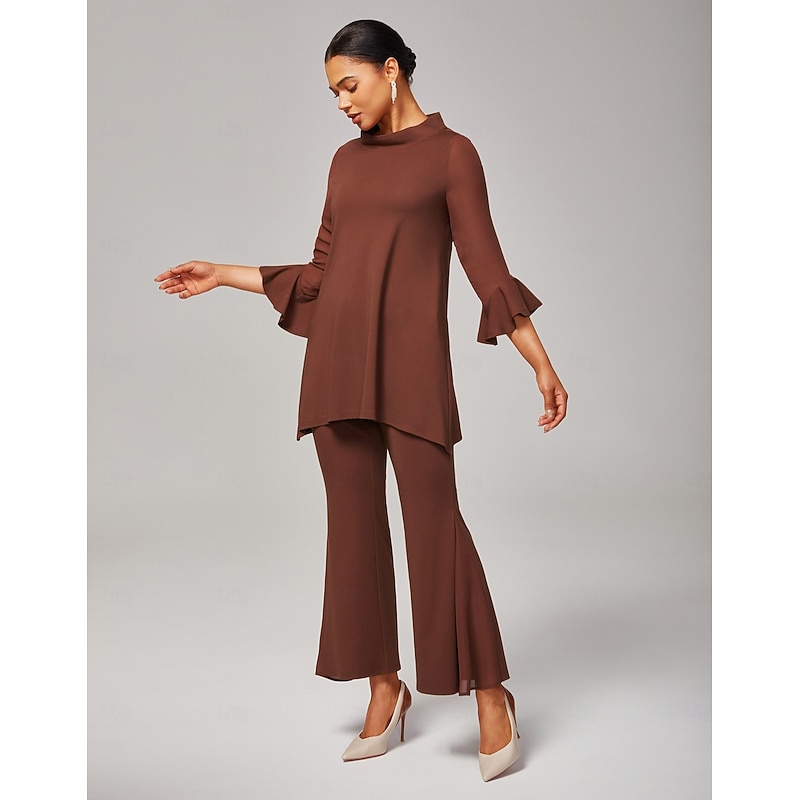 Women's Brown Chiffon Modal Set Blouse Bell Bottom Pants Fitted Flowing Sheer Accents Elegant Comfortable Stylish Daily Work Evening Wear