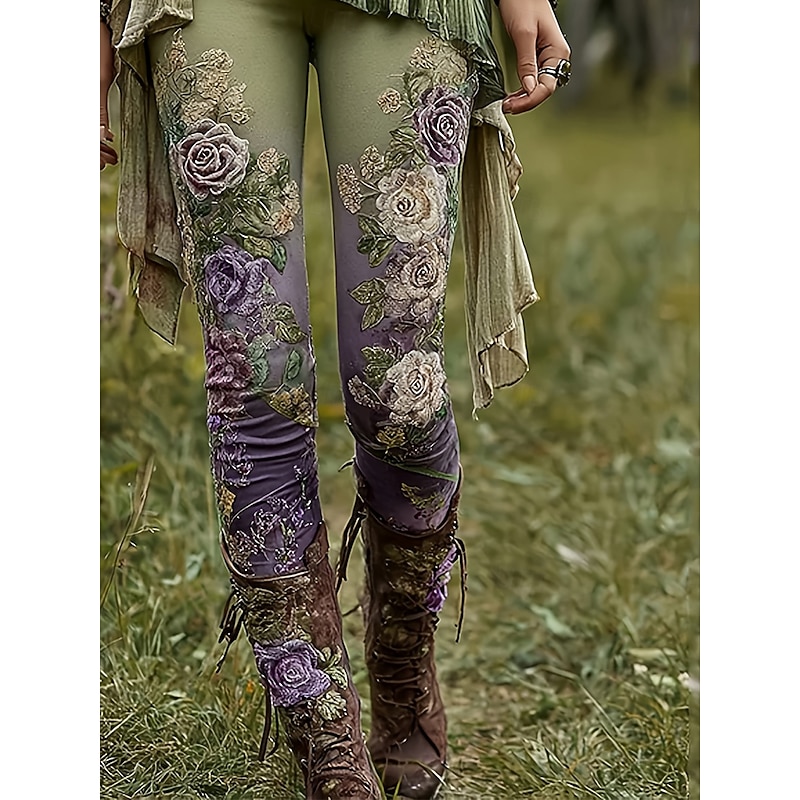 Women's Slacks Leggings Cozy Leggings Vacation Vintage Streetwear Full Length Natural Floral Graphic Flower Embroidered Pocket Elastic Waist Comfy Outdoor Comfortable Outdoor Vacation Street Green3