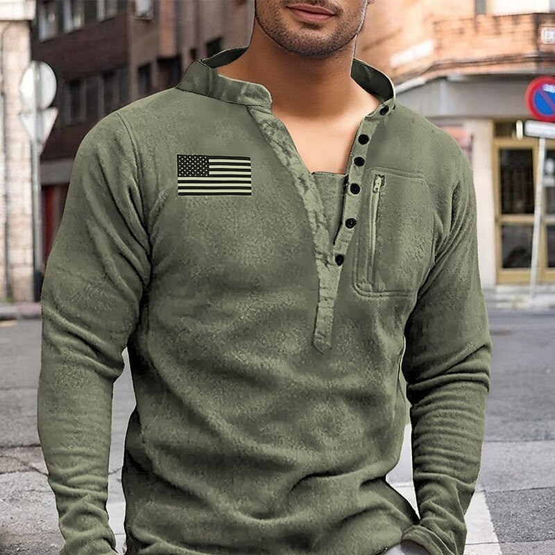 Men's Sweatshirt Fleece Sweatshirt Black Army Green Khaki Dark Gray Standing Collar American Flag Pocket Sports & Outdoor Daily Holiday Polyester Streetwear Basic Casual Fall Winter Clothing Apparel2