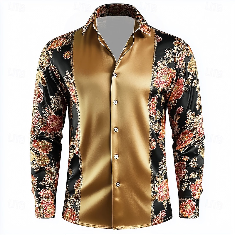 Men's Floral Print Rose Flowers Shirt Satin Shirt Dress Shirt Long Sleeve Vintage Retro Vacation Dailywear Summer Spring Fall Turndown 3D Print Button Up Shirts Gold Dark Blue2