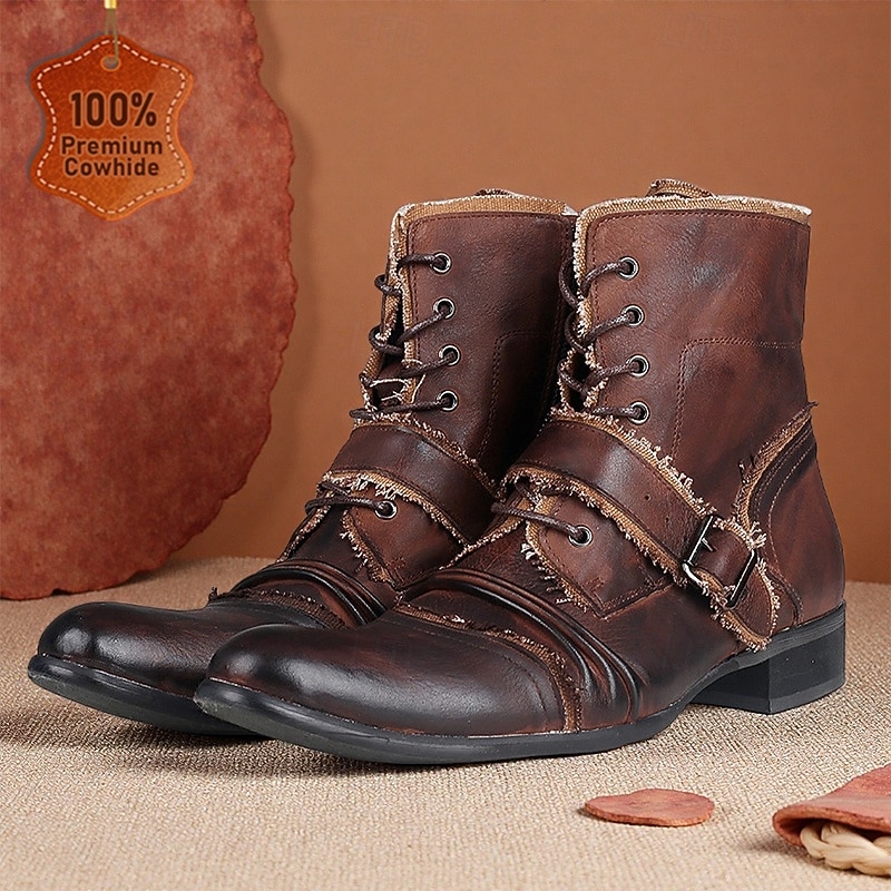 Men's Retro Brown Leather Biker Boots – Handmade High Top Motorcycle Boots with Buckle Accents for Punk, Gothic and Casual Streetwear