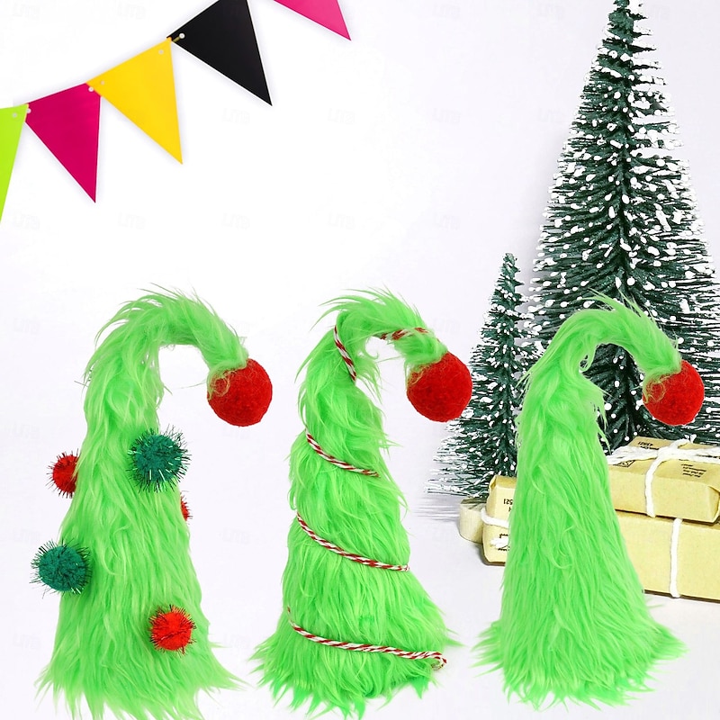 3 Pcs Lime Green Furry Christmas Decorations Mini Fuzzy Elf Xmas Tree Tabletop Decor Soft Faux Fur Table Centerpieces Gifts for Holiday Ornaments Party Supplies