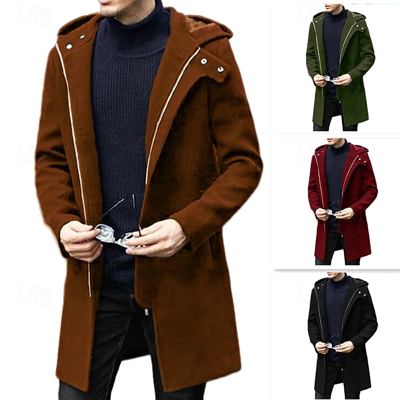 Men's Trench Coat Hoodied Jacket Trench Coat Casual Fall Winter Polyester Outerwear Clothing Apparel Classic Modern Plain Basic Hooded Zipper