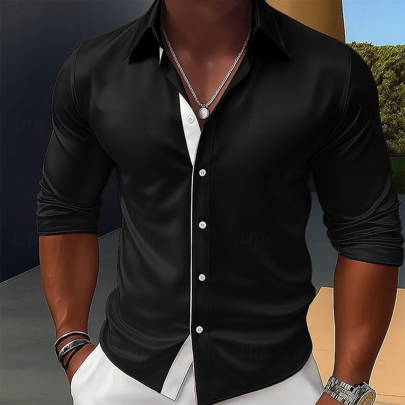 Men's Shirt Satin Shirt Dress Shirt Casual Shirt Button Up Shirt Prom Shirt Plain Formal Wedding Black Red Royal Blue Gold Long Sleeve Lapel All Seasons Clothing Apparel Color Block2