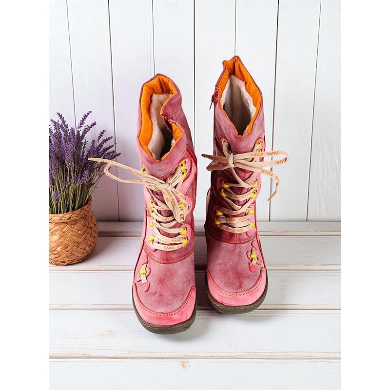 Women's Red Lace-Up Mid-Calf Combat Boots with Fleece Lined, Vintage Farmhouse Style Comfortable Handmade Boots for Casual Outfits & Outdoor Winter Wear4