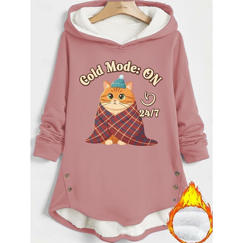 Women's Pullover Hoodie Sweatshirt Cat Letter Warm Casual Long Sleeve Hooded Long Tops Street Dailywear Holiday Buttons Print Black Dark Pink Blue Gray Fall Winter4