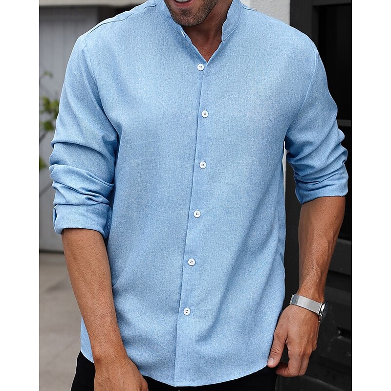 Men's Shirt Summer Shirt Casual Shirt Beach Shirt Button Up Shirt Blue Gray Long Sleeve Plain Band Collar Vacation Hawaiian Clothing Apparel Polyester Fashion Casual Comfortable