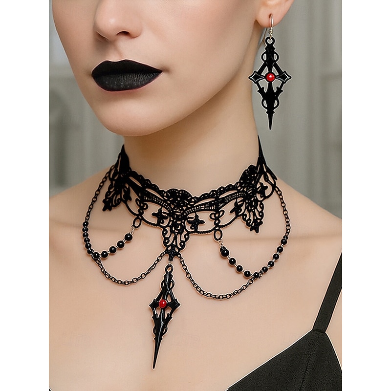 Women's Halloween Gothic Lace Choker Necklace and Earrings Set – Black Beaded Vampire Jewelry for Costume Party and Cosplay