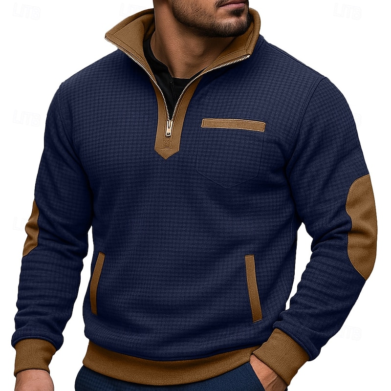 Men's Zip Up Sweatshirt Waffle Sweatshirt Pullover Black Navy Blue Half Zip Plain Pocket Work Sports & Outdoor Casual Active Vintage Cool Spring Fall Clothing Apparel Hoodies Sweatshirts