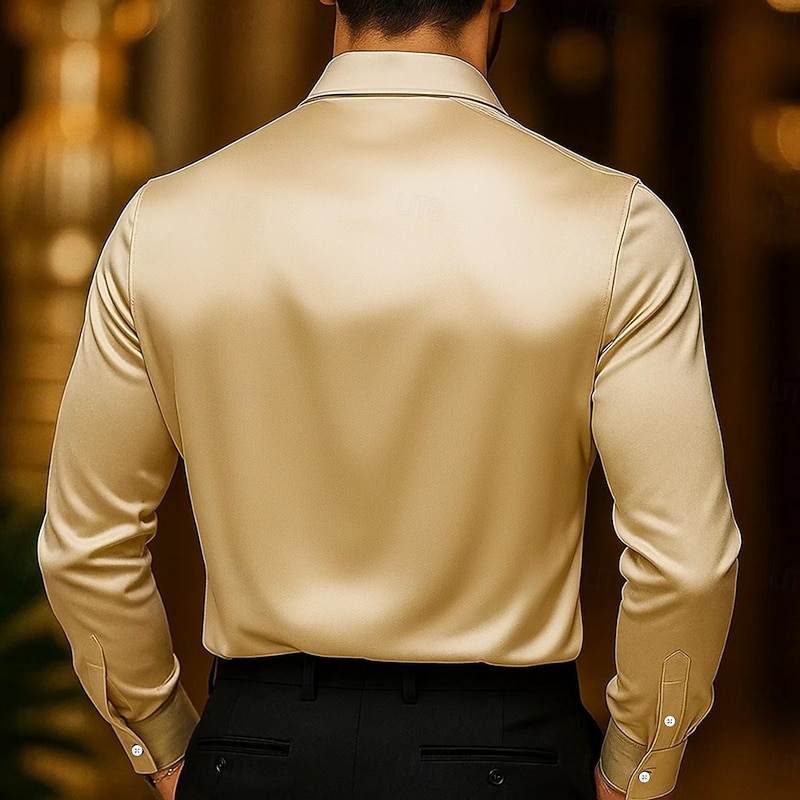 Men's Shirt Silk Like Satin Shirt Casual Shirt Plain Formal Wedding Black Wine Navy Blue Gold Long Sleeve Cowl Neck Spring &  Fall All Seasons Clothing Apparel Ruched3