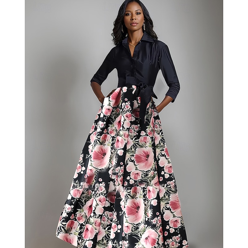 A-Line Mother of the Bride Dress Floral Print Shirt Dress Elegant Bow Pleats Floor Length Shirt Collar Satin 3/4 Length Sleeve with Buttons Spring Summer
