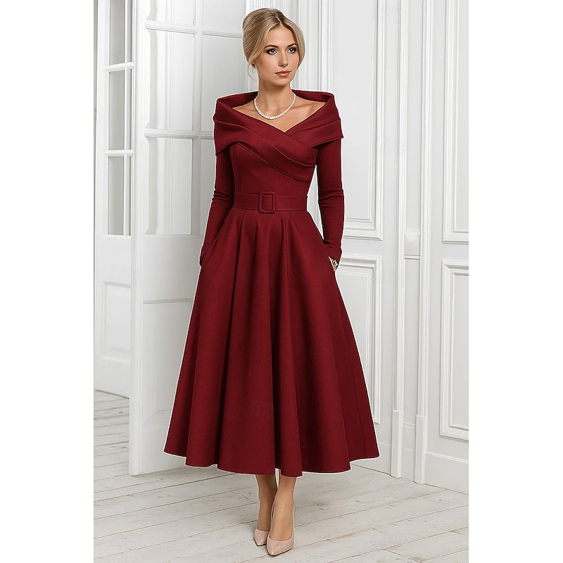 A-Line Cocktail Dresses Elegant Formal Dress Formal Wedding Tea Length Long Sleeve Off Shoulder Stretch Satin with Pleats 2025