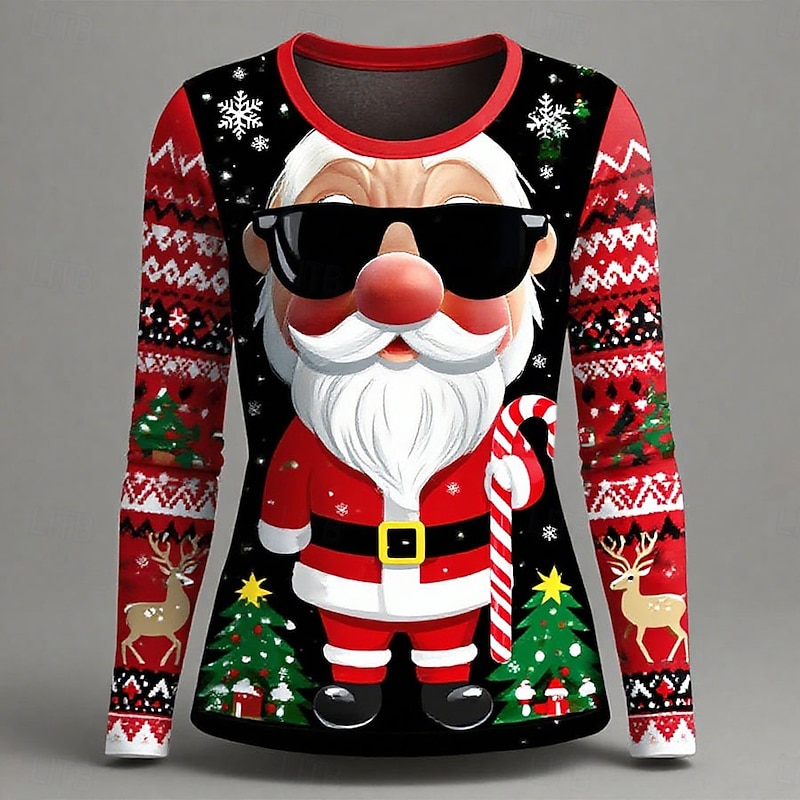 Christmas Women's T Shirt Graphic Santa Claus Fashion Casual Long Sleeve Crew Neck Regular Tops Daily Weekend Print Black Red Blue Summer Spring Fall