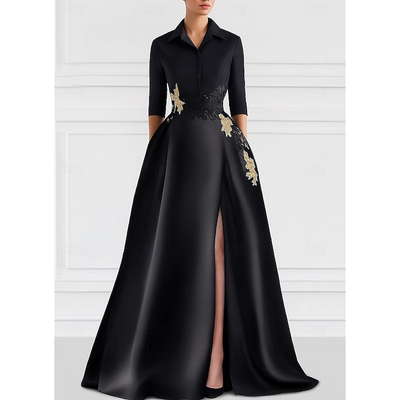 Black Tie A-Line Mother of the Bride Dress Wedding Elegant Shirt Collar Floor Length Satin Half Sleeve with Split Front4