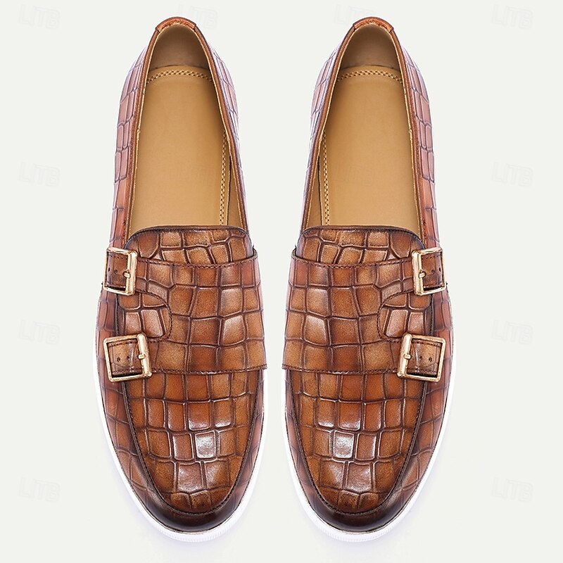 Men's Genuine Leather Crocodile Pattern Loafers with Double Buckle – Luxury Slip-On Dress Shoes for Business, Weddings and Formal Occasions4