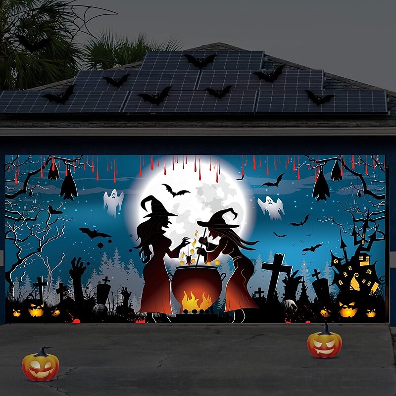 Halloween Garage Door Cover Witch with Poison Bats Tomb and Castle Night Scene Banner Haunted House Horror Spooky Backdrop Tapestry for Outdoor Wall Fence Yard Decoration2