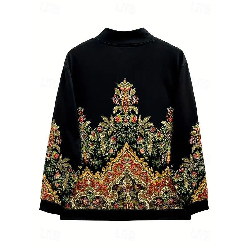 Women's Casual Jacket Warm Quick Dry Zipper Pocket Elegant Fashion Daily Simple Floral Vacation Casual Daily Holiday Regular Baseball Collar Regular Fit Long Sleeve Outerwear Black Gold Black Dark2