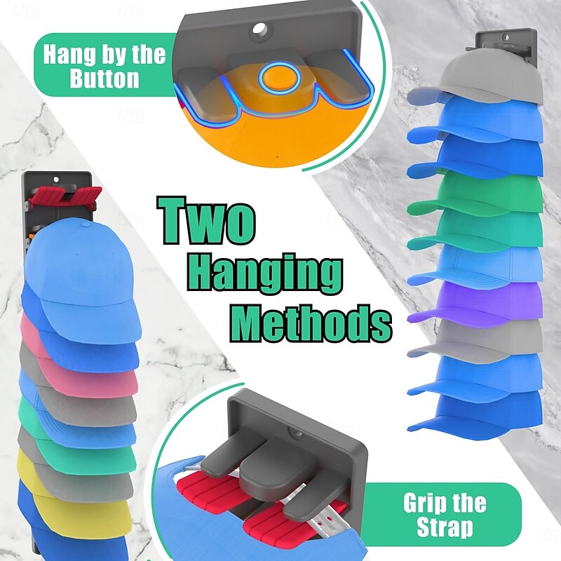 2 Packs Hat Organizer for Baseball Caps with Built-in Spring Clips - Wall Mount Closet Hat Rack Holder, Adjustable Storage for Door/Closet Display Hat Racks Hanger (Strong Adhesive & Screws)3