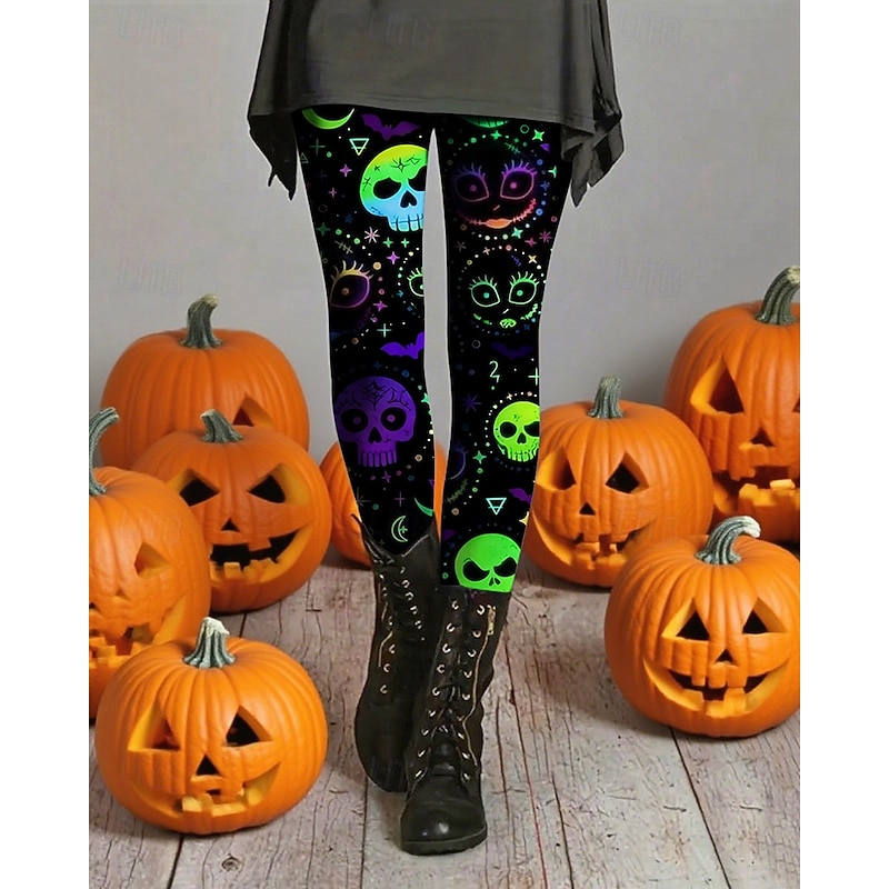 Women's Leggings Cozy Leggings Vintage Ethnic Style Basic Full Length High WaistPantsHalloween Skull Printing Thermal Warm Comfortable High Elasticity Vacation Casual Daily Green Fall Winter Slim Fit