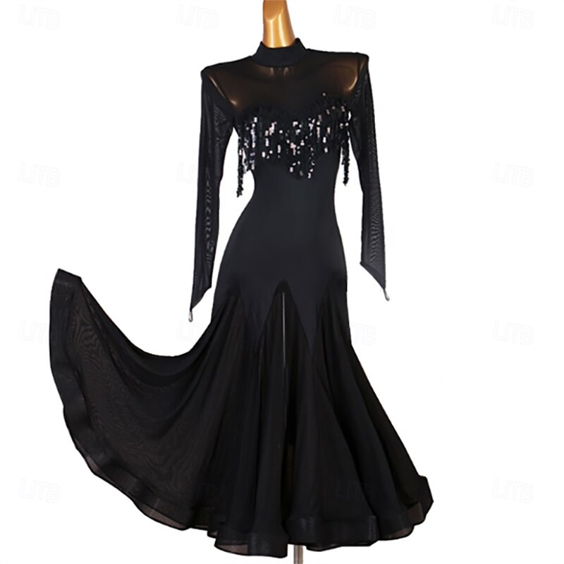 Women's Black Ballroom Dance Dress with Sequin Detail, Long Sleeves, and Flared Skirt – Perfect for Latin, Tango, and Performance Wear