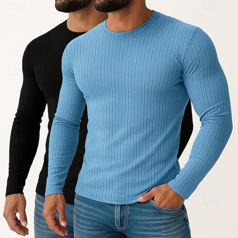 Men's T Shirt Muscle Shirt Ribbed Knit tee Tee Top Long Sleeve Crew Neck Spring Fall All Seasons Solid Color Plain Textured Fashion Designer Basic 2 Piece Knitting Plain Vacation Street Casual3