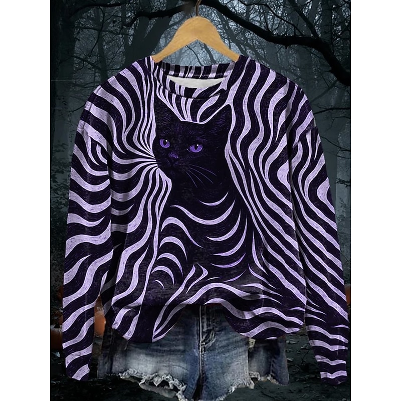 Women's Pullover Sweatshirts Cat Fashion Streetwear Classic Long Sleeve Round Neck Regular Tops Dailywear Casual Print White Purple Spring Fall2