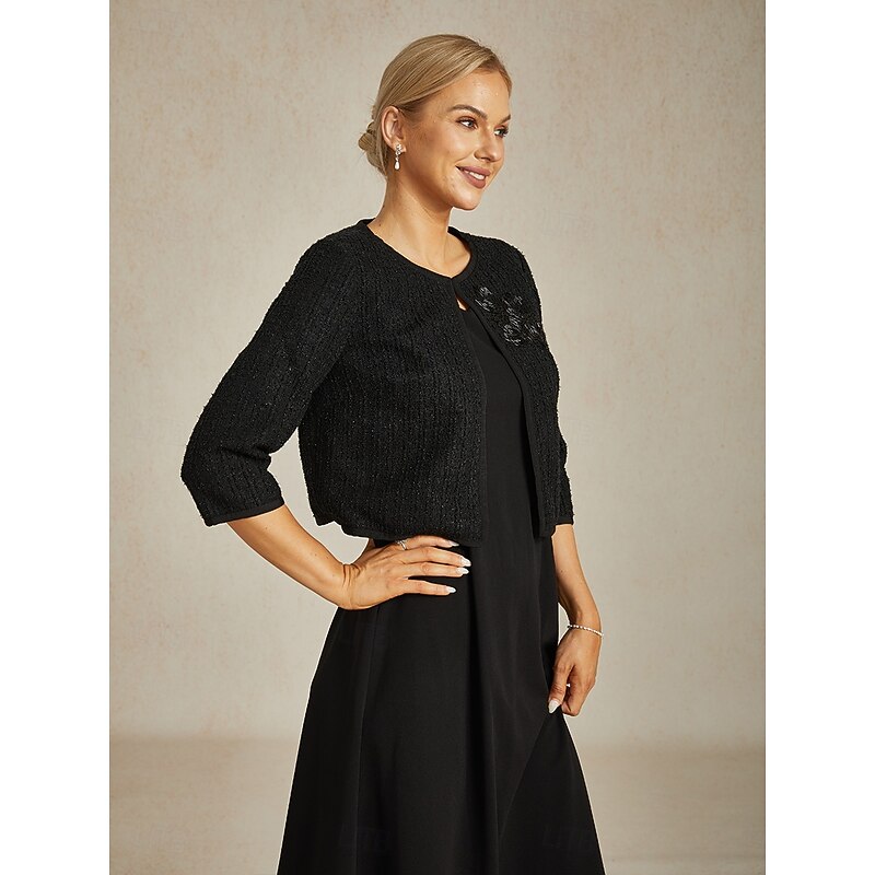 Women's Jacket Trench Coat Warm Beaded Elegant Formal Party Wedding Guest Work Short Crewneck Regular Fit Long Sleeve Outerwear Black Spring Fall4