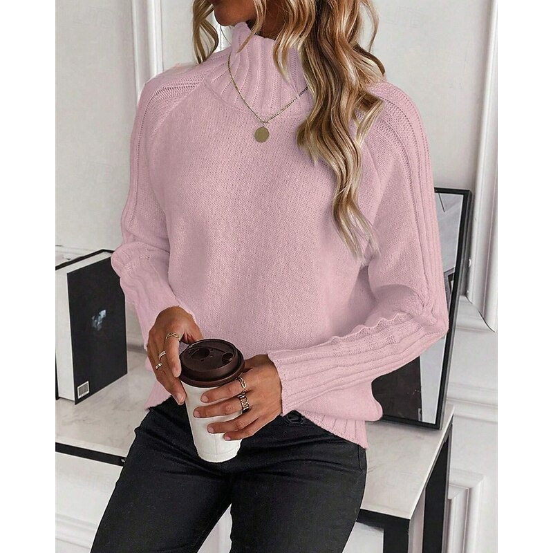 Women's Sweater Pullover Fashion Casual Solid Color Ribbed Turtleneck Knitted Long Sleeve Regular Tops Knit Outdoor Daily Weekend Pink Fall Winter4