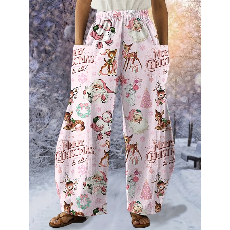 Women's Wide Leg Chinos Vacation Vintage Ethnic Style Full Length High WaistPantsUgly Christmas Graphic Christmas Elastic Waistband Inelastic Formal Vacation Street Black Pink Summer Spring Loose Fit3