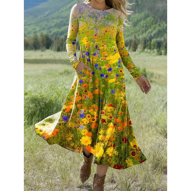 Women's Midi Dress A Line Dress Fit And Flare Dress Vacation Casual Daily Regular Fit Floral Graphic Long Sleeve Crew Neck Yellow Blue Brown Apricot Spring Fall Winter4