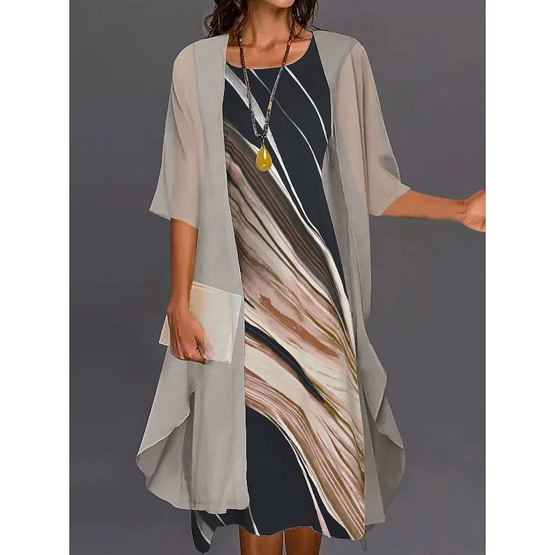 Women's Dress Set A Line Dress Vacation Casual Graphic Stripe Layered Print Mini Dress Half Sleeve Crew Neck Daily Black Blue Beige Summer Spring Loose Fit