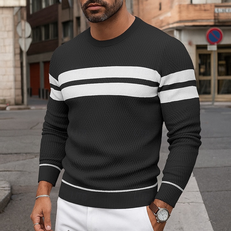 Men's Pullover Sweater Jumper Ribbed Knit Regular Tops Knitted Slim Fit Plain Crew Neck Knitwear Modern Contemporary Casual Daily Wear Clothing Apparel Fall Winter Black Red S M L4
