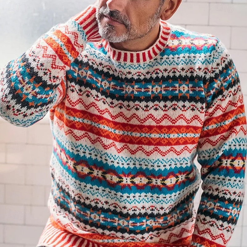 Christmas Men's Geometric Fair isle Sweater Pullover Sweater Jumper Knitwear Crewneck Casual Vacation Daily 3D Print Keep Warm Long Sleeve Spring Fall Winter Red2