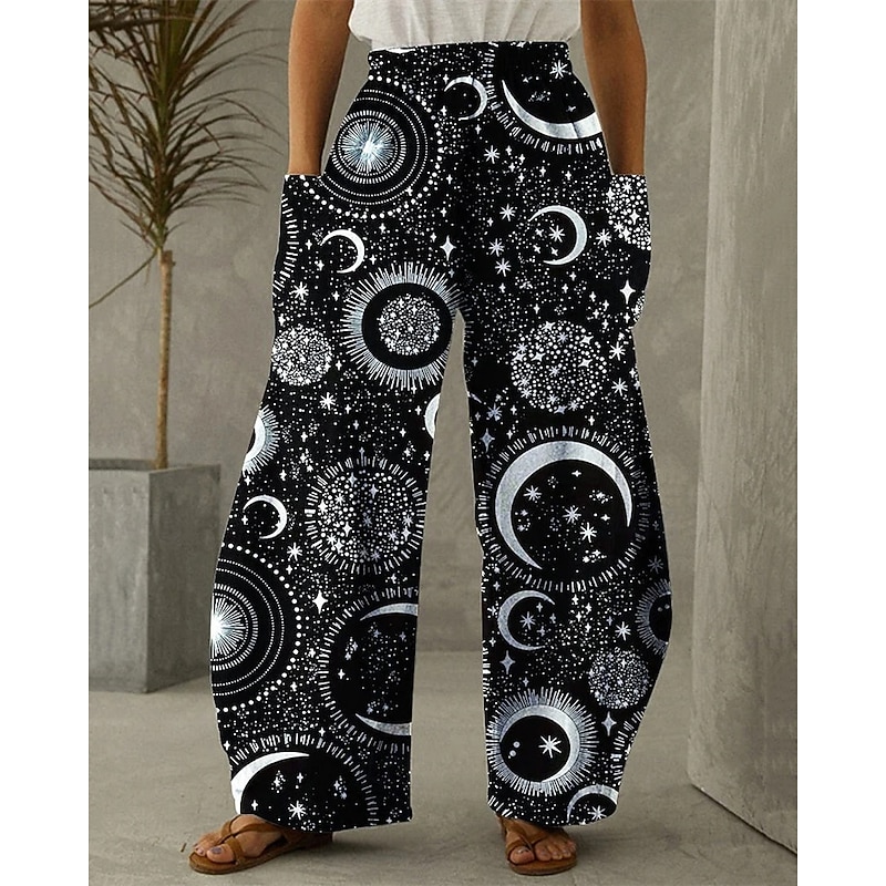 Women's Wide Leg Pants Trousers Vacation Ethnic Style Basic Full Length High Waist Star Moon Pocket Elastic Waistband Print Comfy Breathability Inelastic Vacation Casual Daily Black Spring Fall Loose