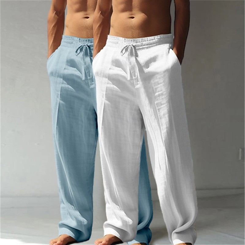 Men's Linen Pants Trousers Summer Pants Baggy Pants Beach Pants Elastic Waist Drawstring Straight Leg Plain Comfort Breathable Full Length Casual Daily Holiday Vacation Classic Style Green+Gray2